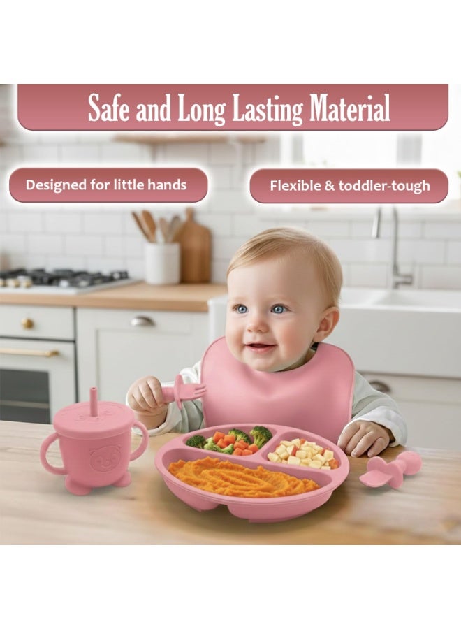 أل أيه بريشوس مجموعة سيليكون لإطعام الأطفال | مستلزمات الفطام الذاتي للأطفال تتضمن أوعية شفط وأطباق مقسمة، ومريلة قابلة للتعديل، وأدوات طعام للأطفال (ملاعق وشوك)، وكوب | أساسيات تغذية الأطفال - Image 3